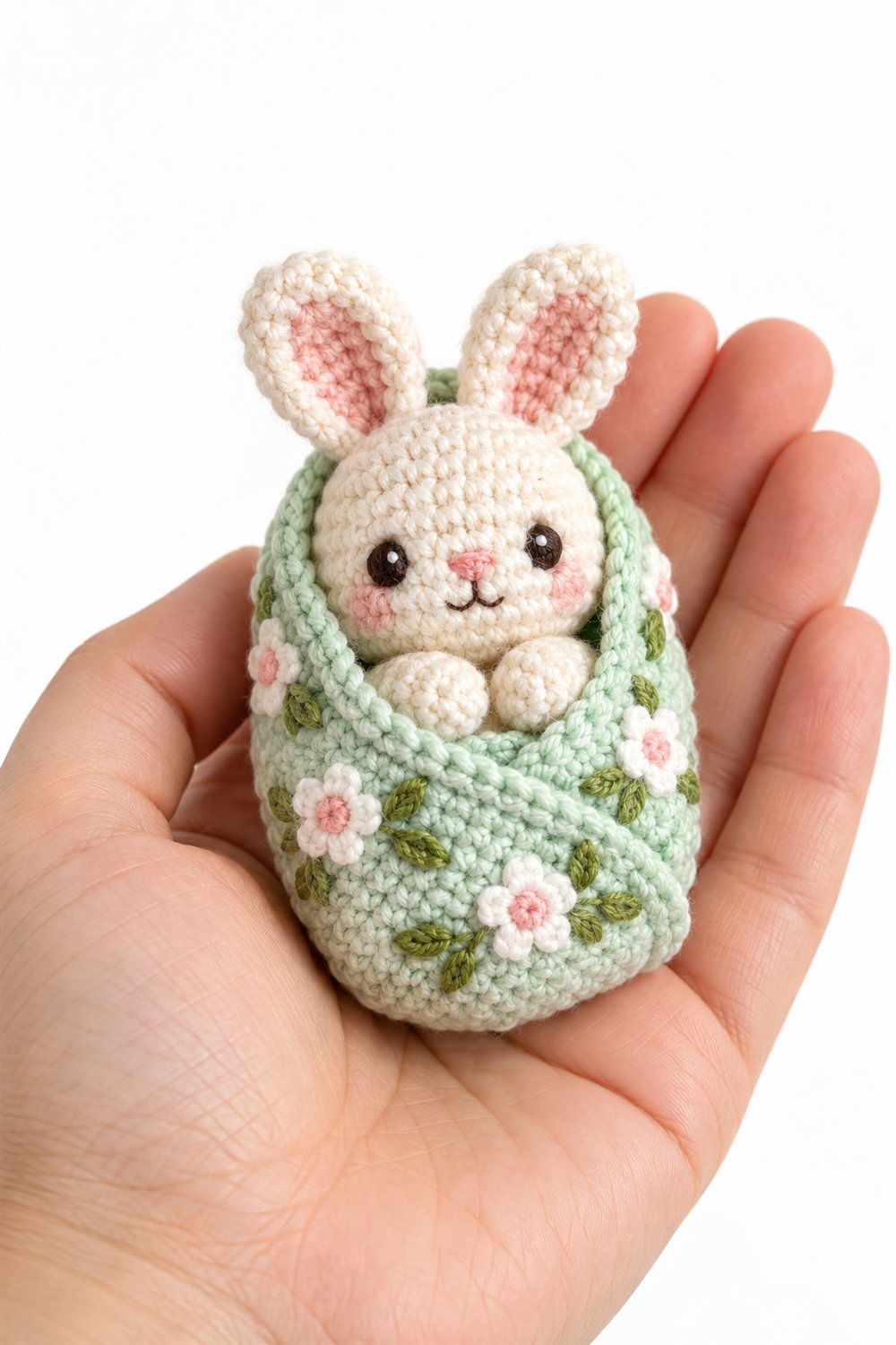 Crochet 1041 Baby Bunny Wrapped In A Mint Floral Blanket - Pattern