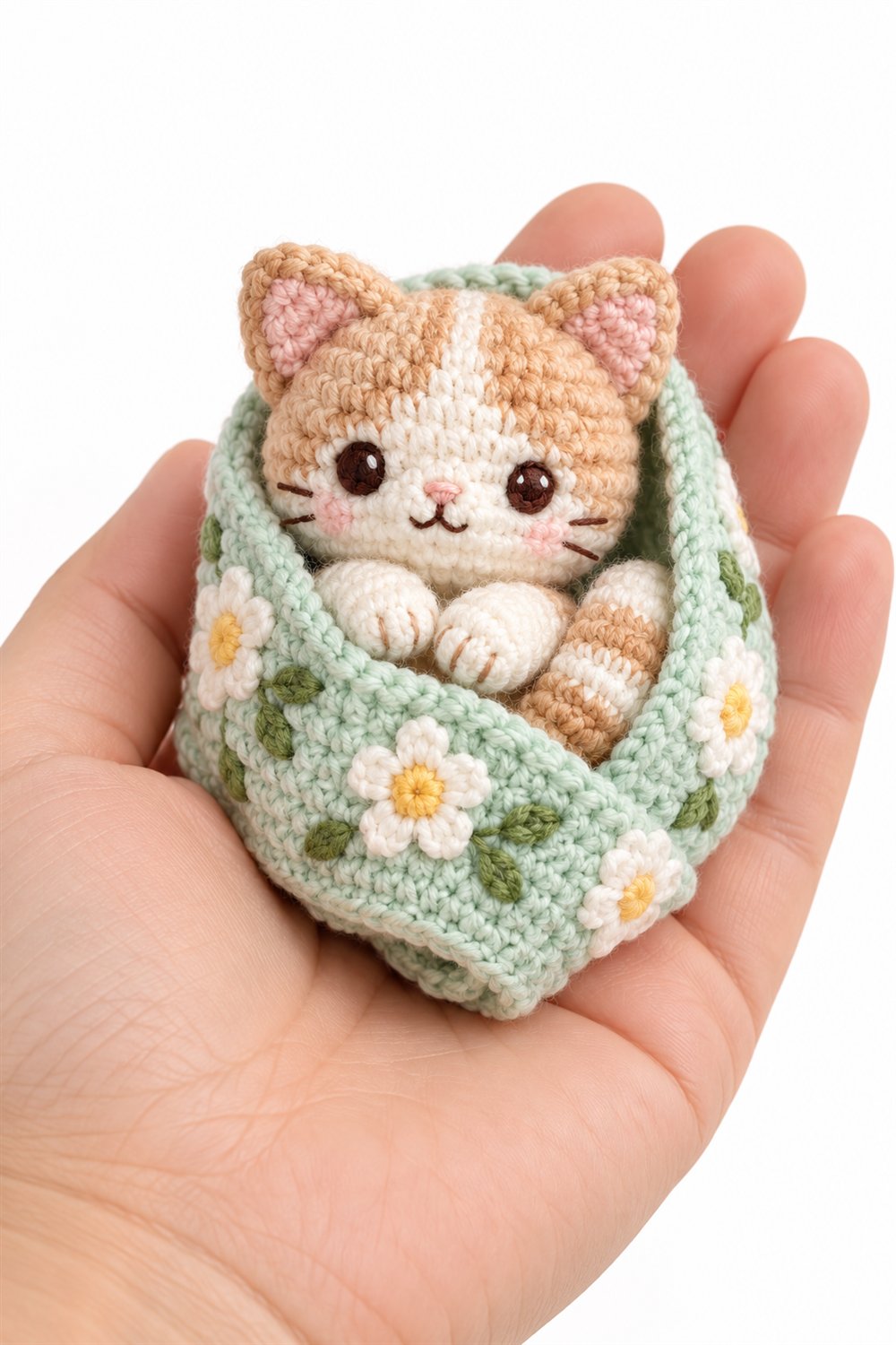 1043 Kitten Wrapped In A Mint Floral Blanket Crochet Guide