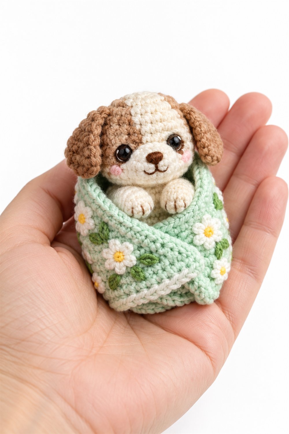 1044 Puppy Wrapped In A Mint Floral Blanket - PDF Pattern