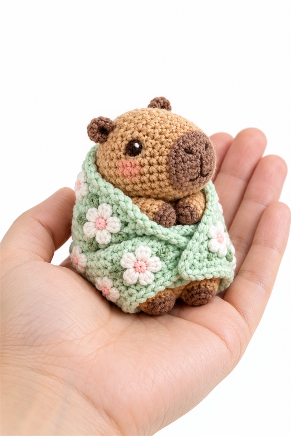 1046 Baby Capybara Wrapped In A Mint Floral Blanket - Amigurumi Pattern