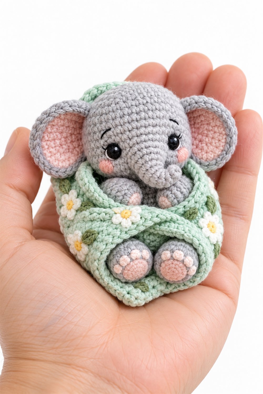 How to Crochet 1047 Baby Elephant Wrapped In A Mint Floral Blanket