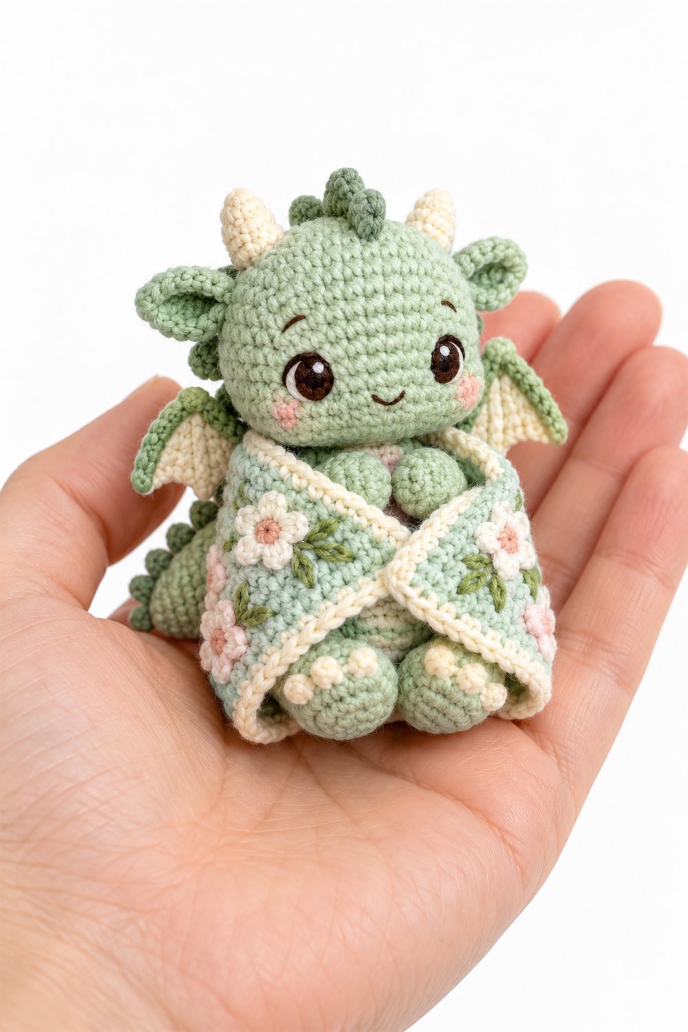 Crochet 1050 Tiny Dragon Wrapped In A Mint Floral Blanket - Pattern
