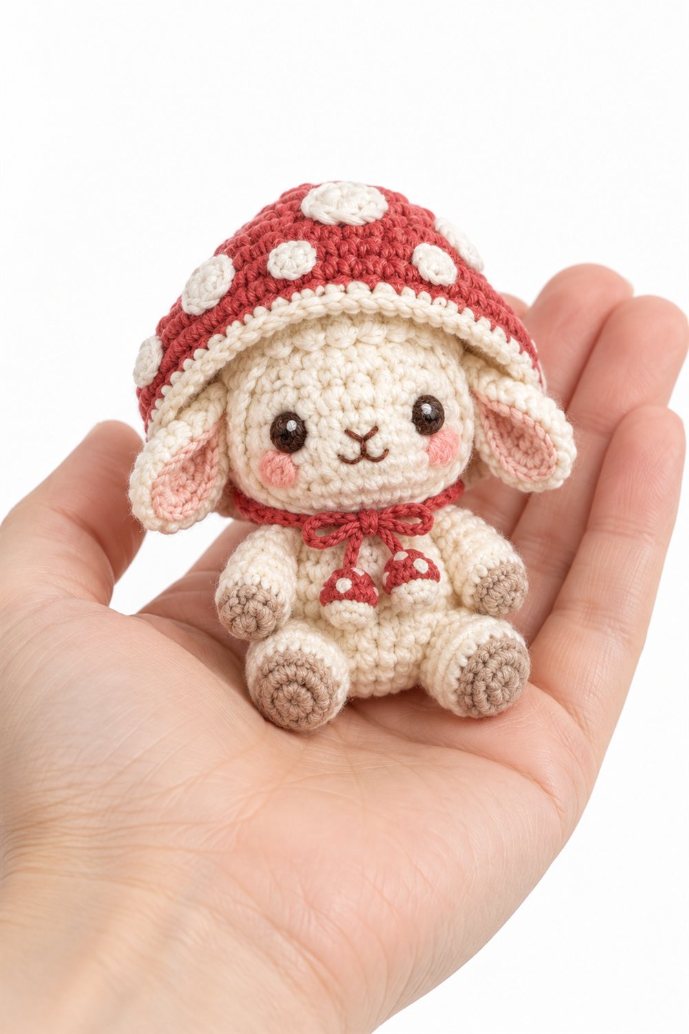 1059 Baby Lamb Wearing A Tiny Mushroom Hood - Handmade Pattern