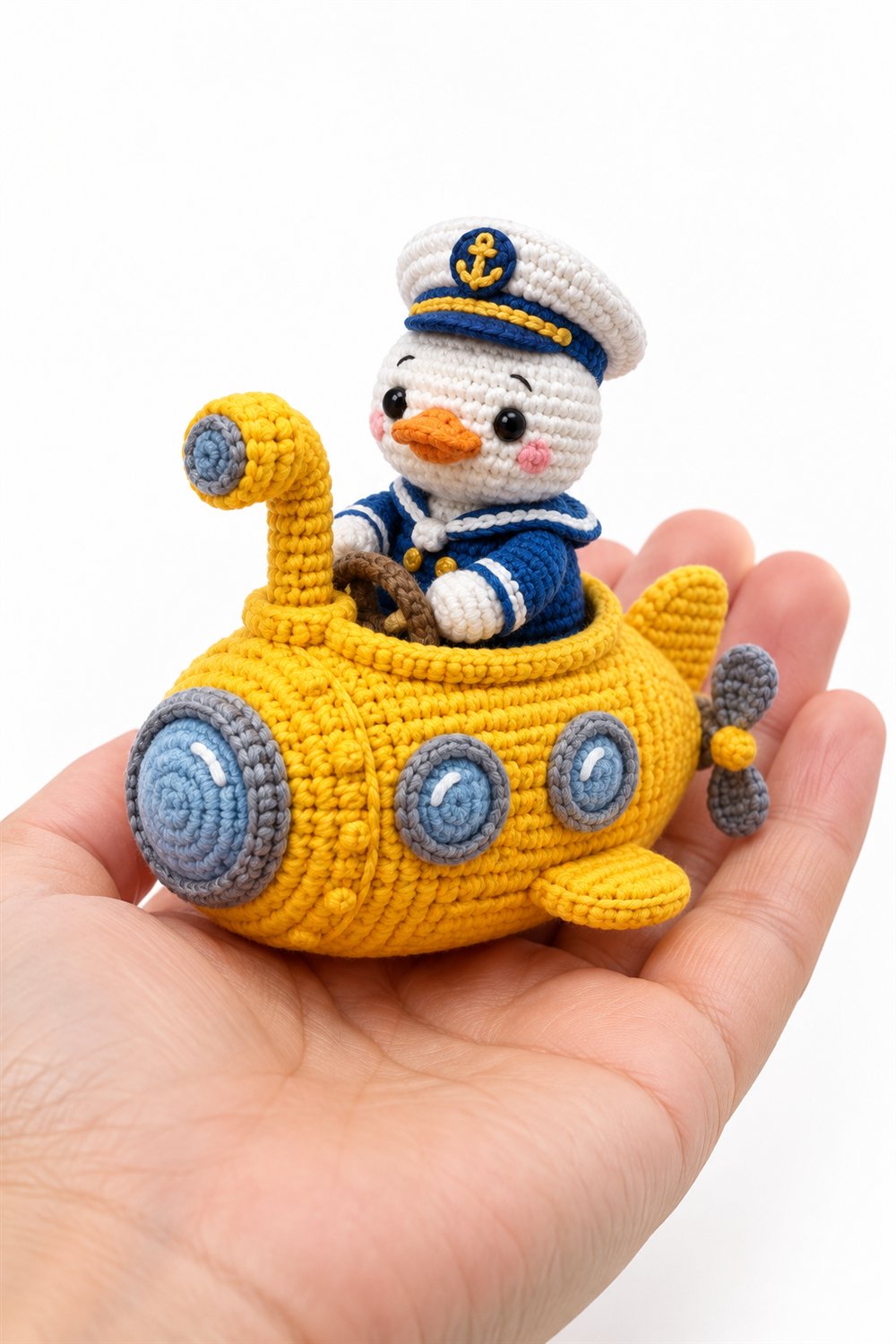 174 Pato Marinheiro De Uniforme Azul Em Submarino Amarelo De Croche - Crochet Pattern
