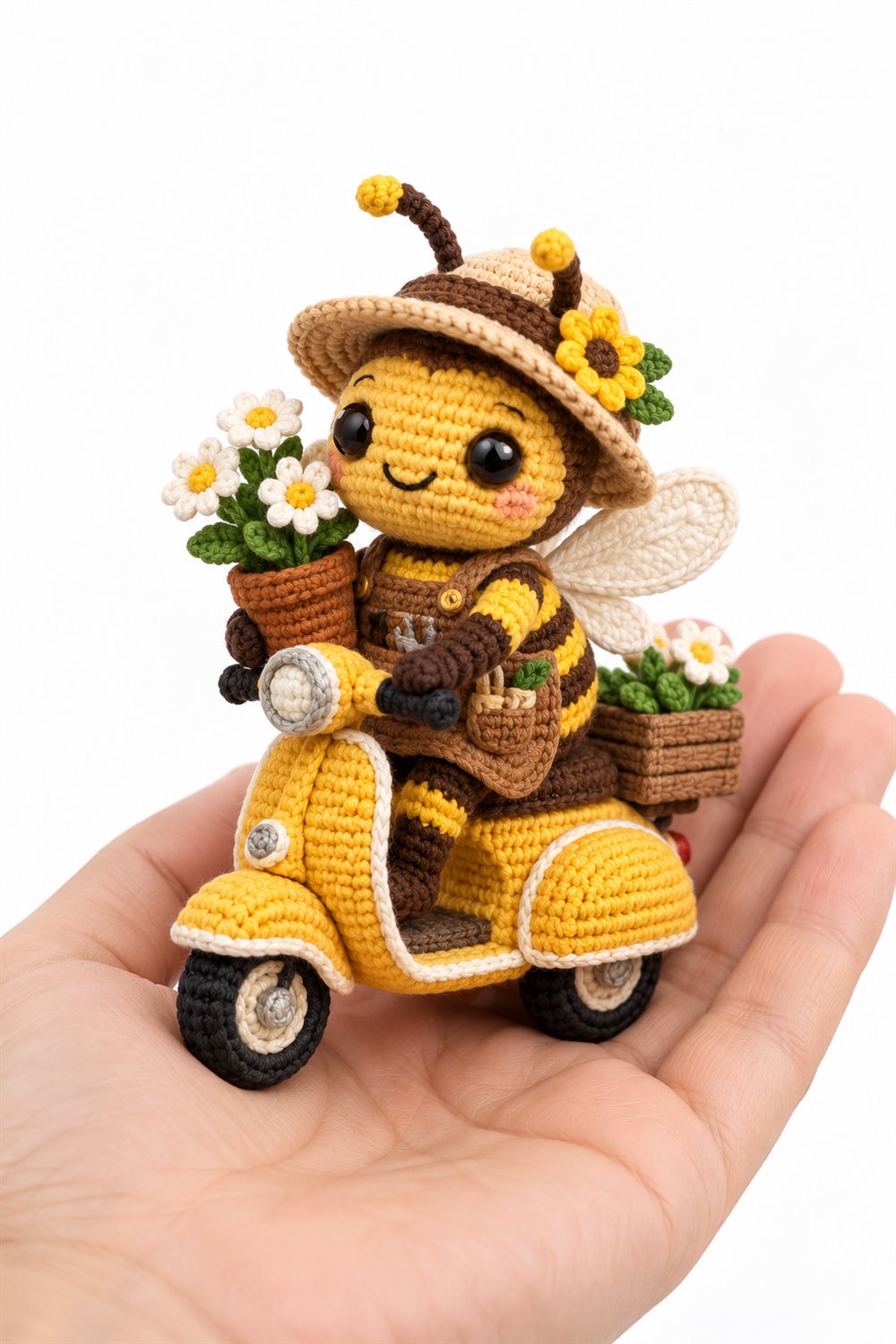 Crochet 232 Vespa De Oleiro Jardineira Marrom E Amarela Segurando Vaso De Flor De Croche - Pattern