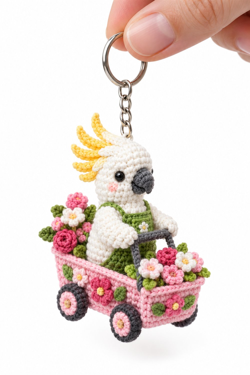 253 Cacatua Branca Florista De Avental Verde Em Carrinho De Flores Rosa De Croche - PDF Pattern