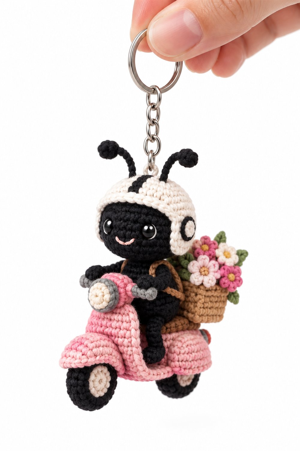 285 Grilo Preto Entregador De Flores De Capacete Branco Em Scooter Rosa De Croche - Easy Crochet