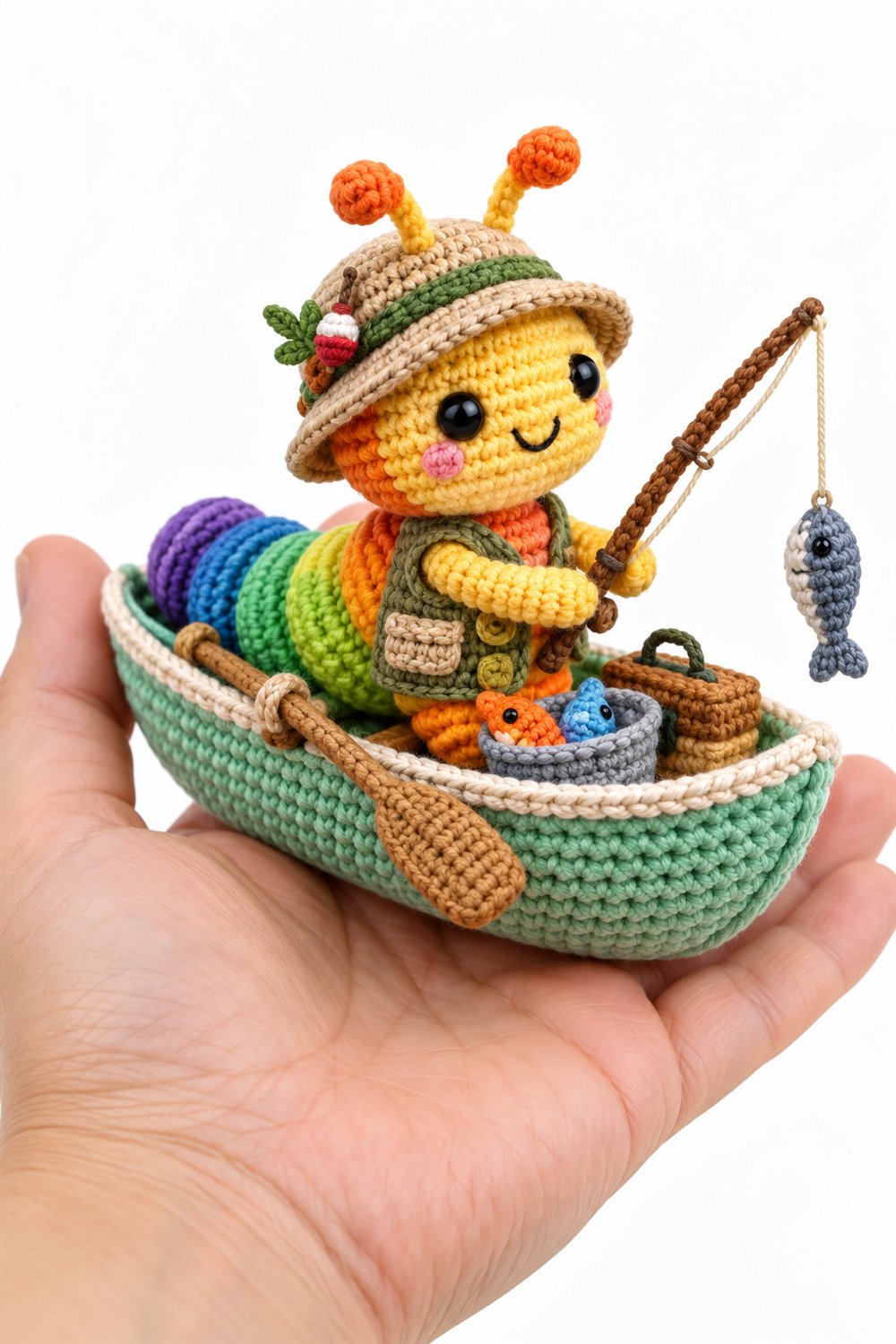 542 Lagarta Arco Iris Pescador Em Canoa Menta - Easy Crochet