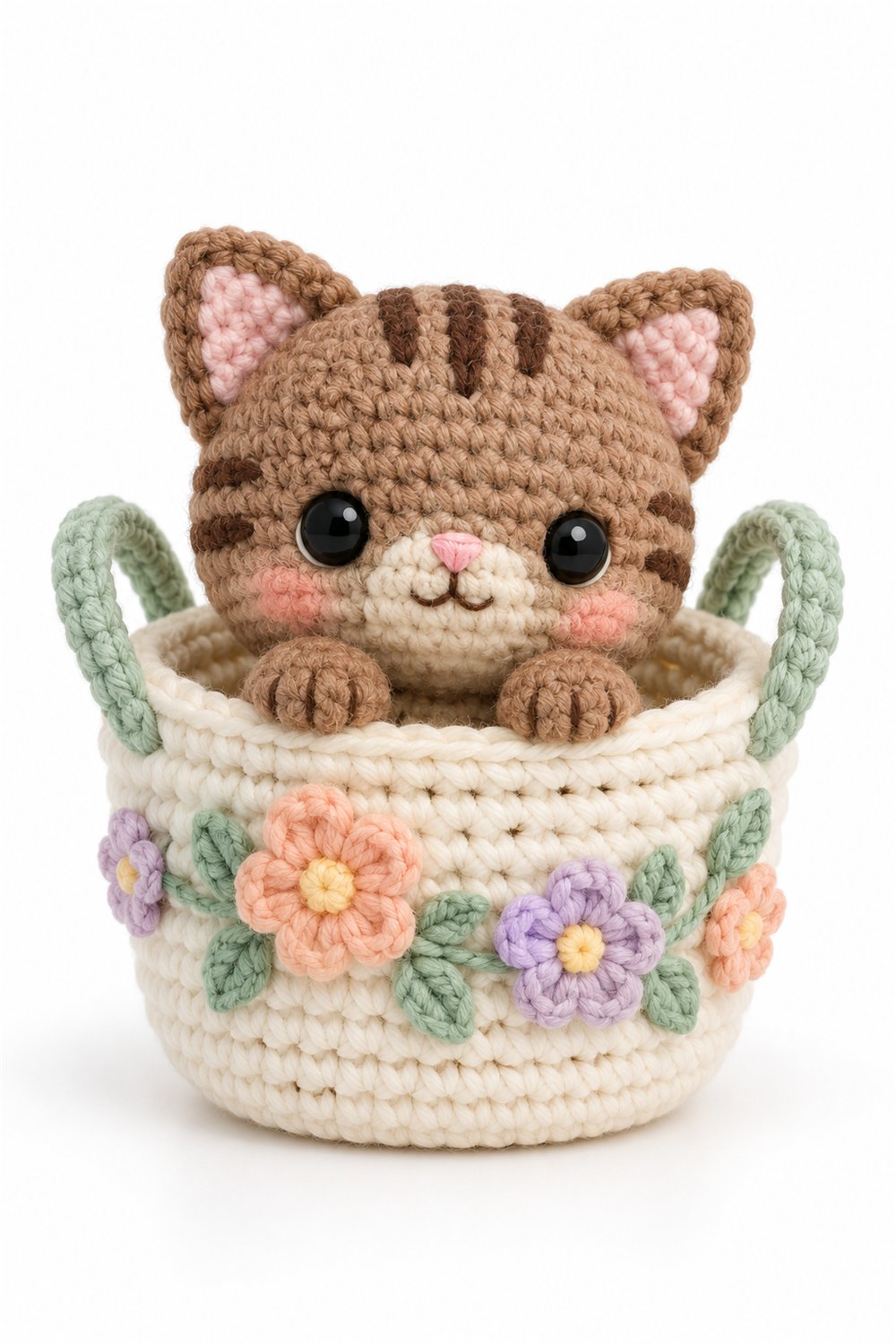 Amigurumi 1143 Aleatorios Fofos Gato Cesta Flores - Crochet Pattern