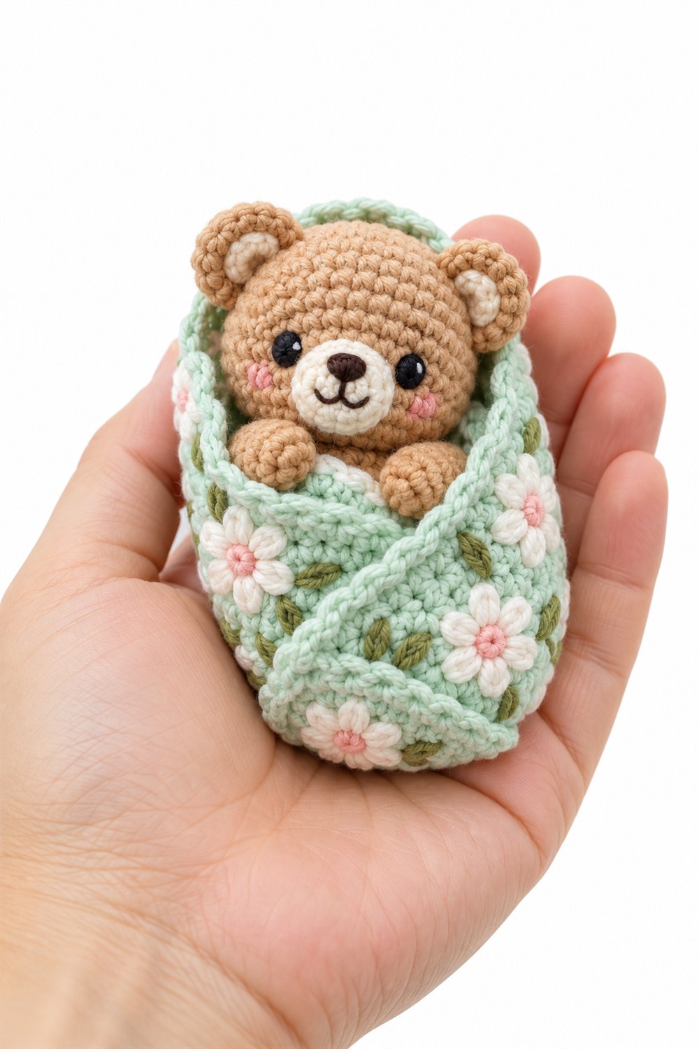 Baby Bear Wrapped In A Mint Floral Blanket - Easy Crochet