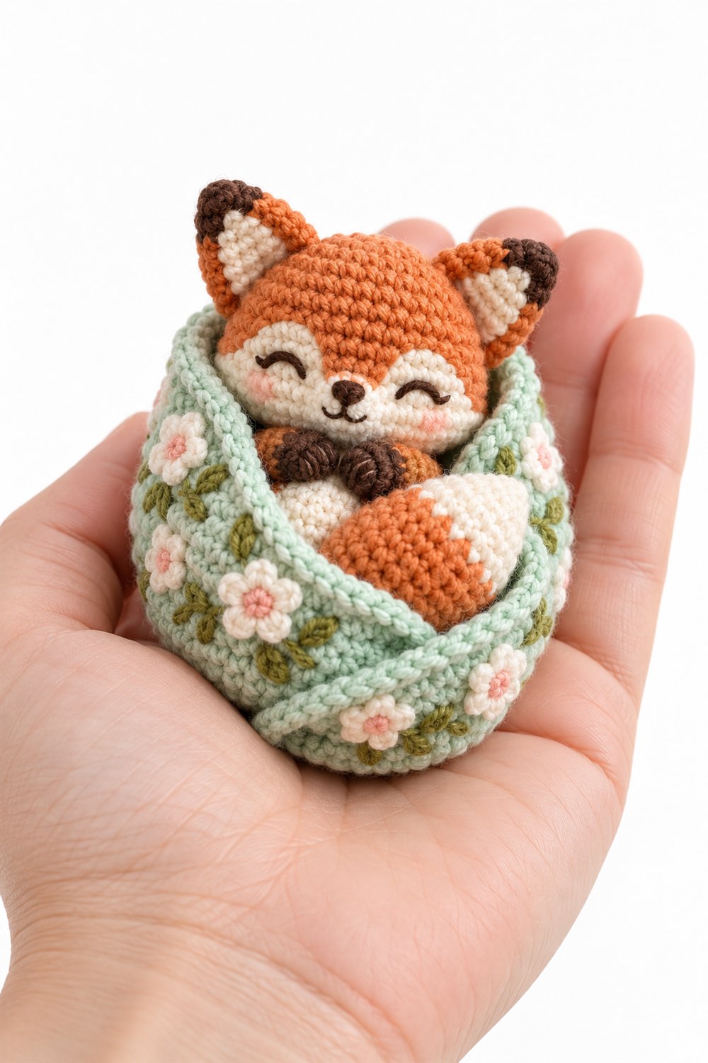 Baby Fox Wrapped In A Mint Floral Blanket - Crochet Pattern