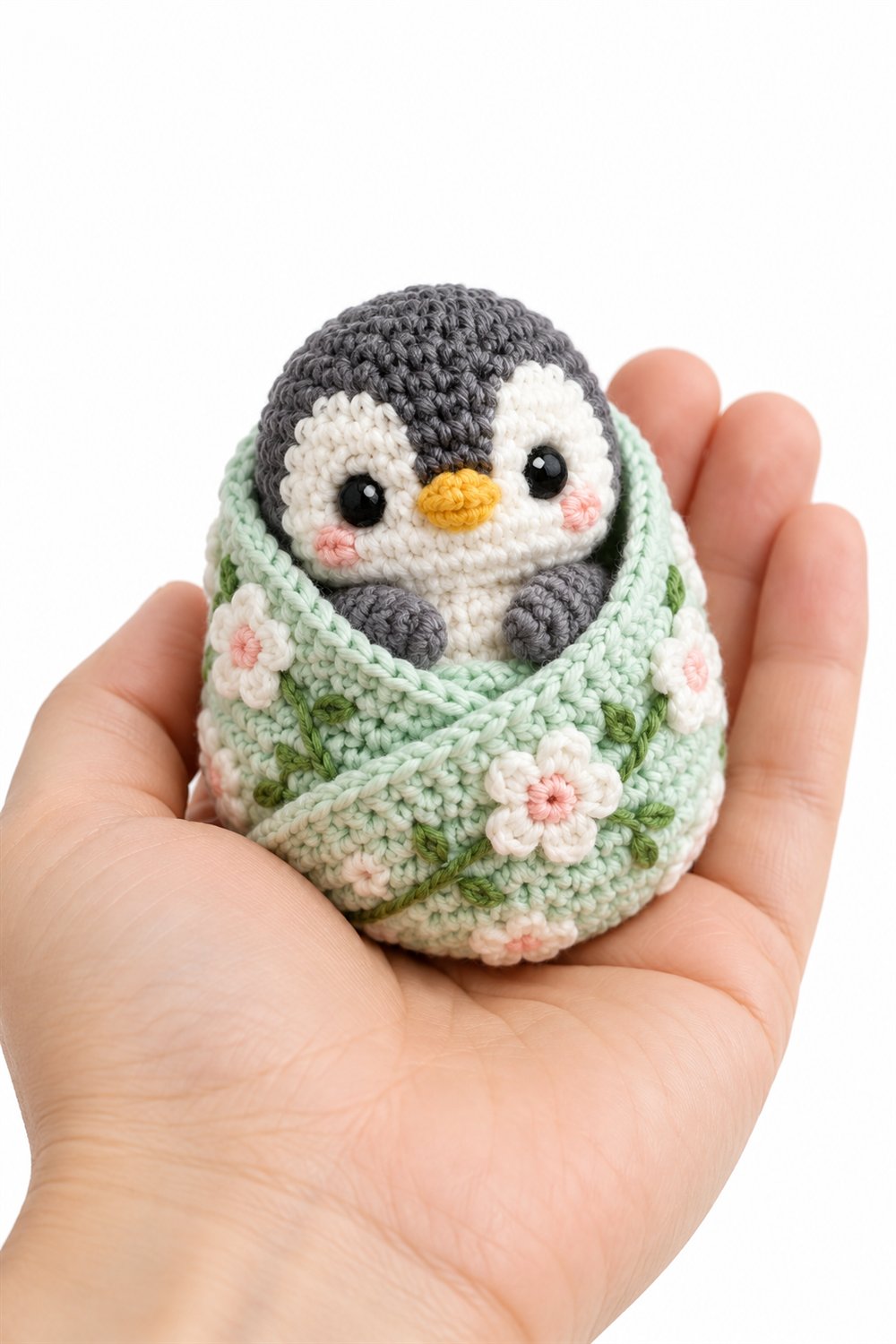 Baby Penguin Wrapped In A Mint Floral Blanket - Step by Step