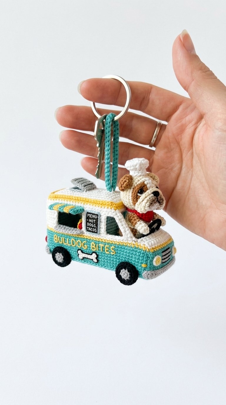 Bulldog Driving Food Truck Keychain - Free Crochet Pattern