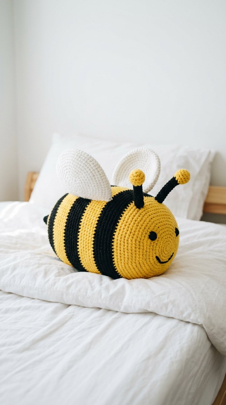 Bumblebee Crochet Pillow On Bed - Free Crochet Pattern