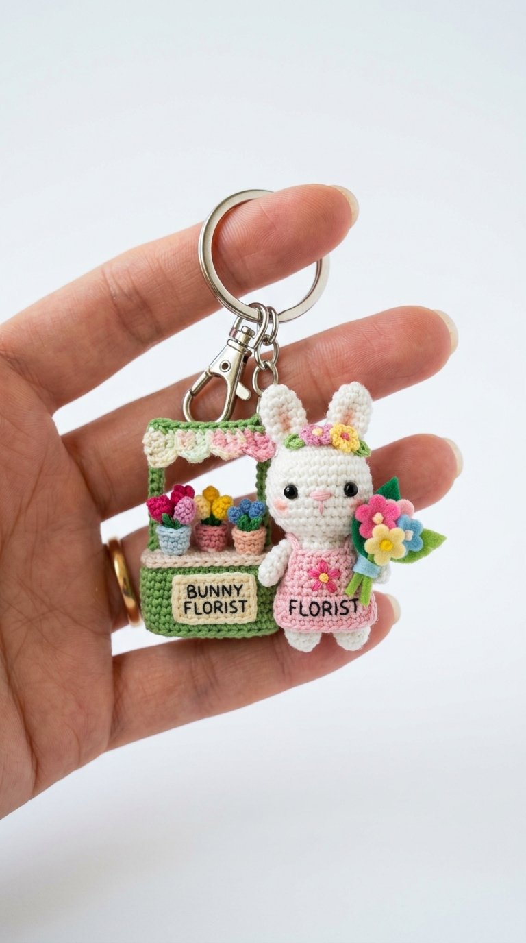 Bunny Florist Shop Crochet Keychain - Free Crochet Pattern