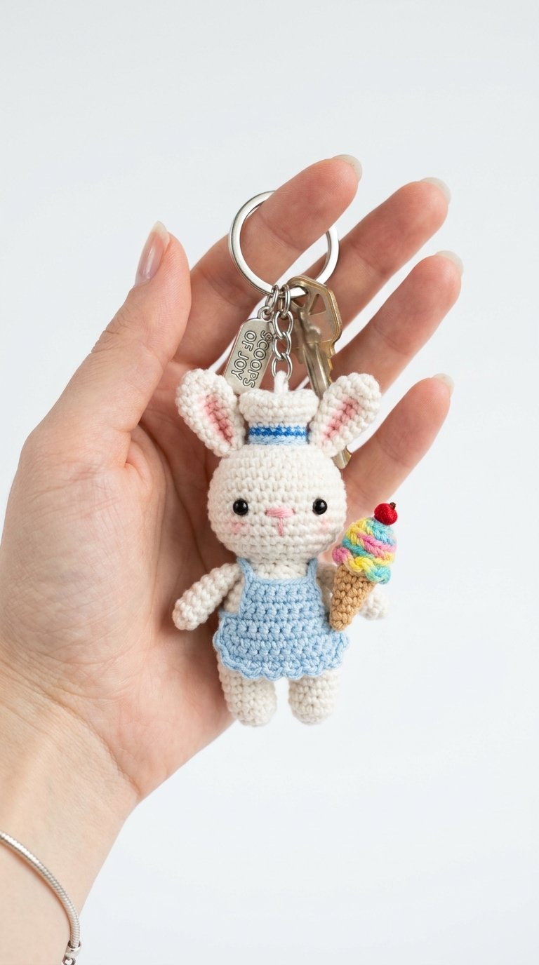 Bunny Ice Cream Seller Keychain - Free Crochet Pattern