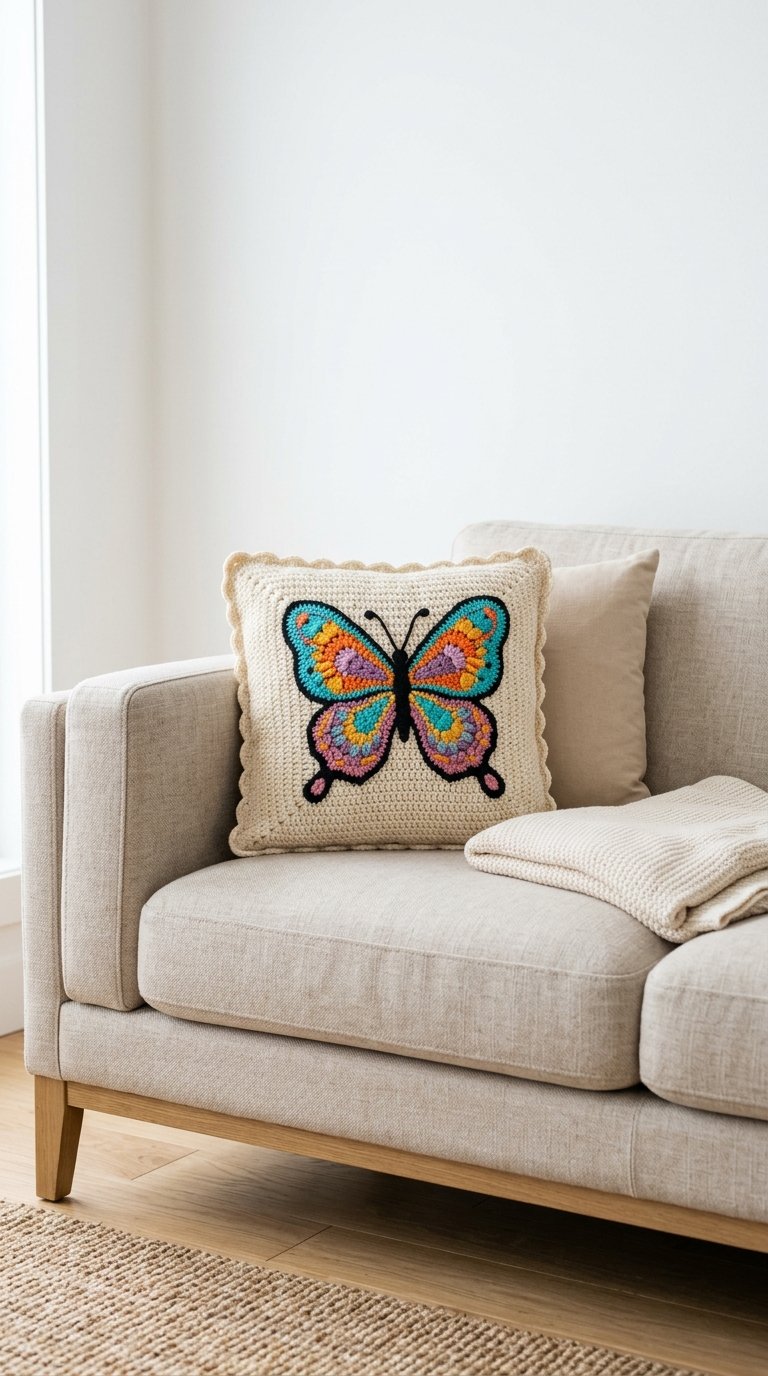 Butterfly Crochet Pillow On Sofa - Free Crochet Pattern