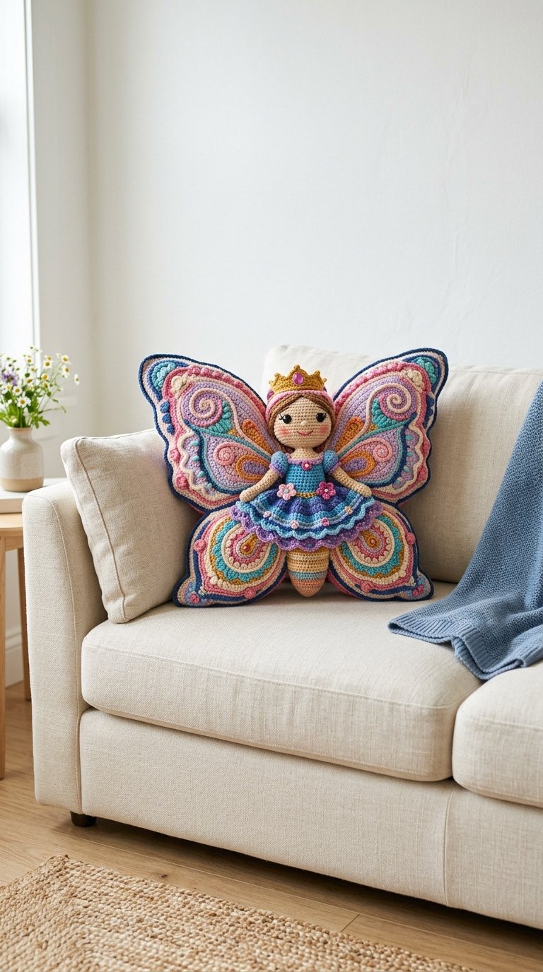 Butterfly Princess Pillow On Sofa - Free Crochet Pattern