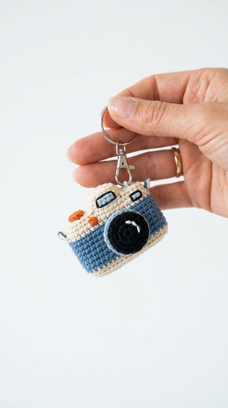 Camera Crochet Keychain In Hand - Free Crochet Pattern