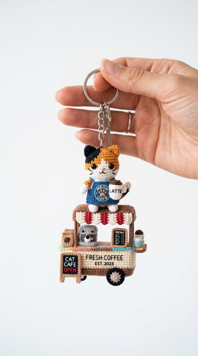 Cat Barista Coffee Cart Keychain - Free Crochet Pattern