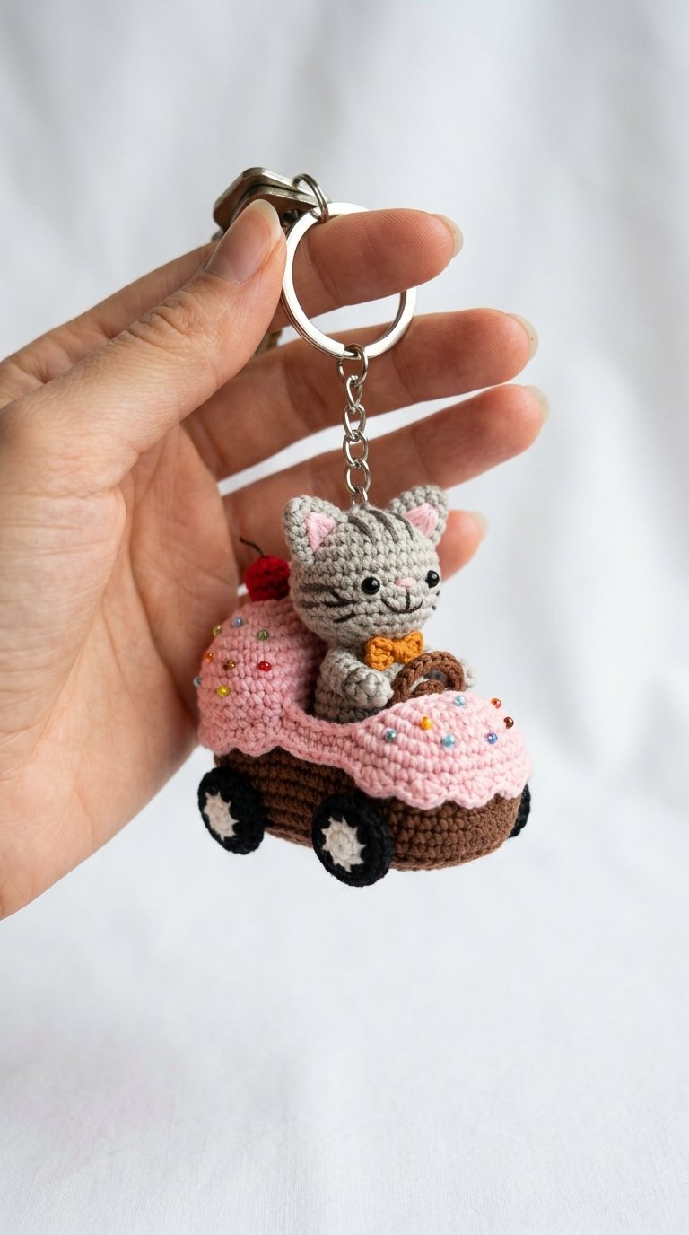 Cat Driving Cupcake Car Keychain - Free Crochet Pattern