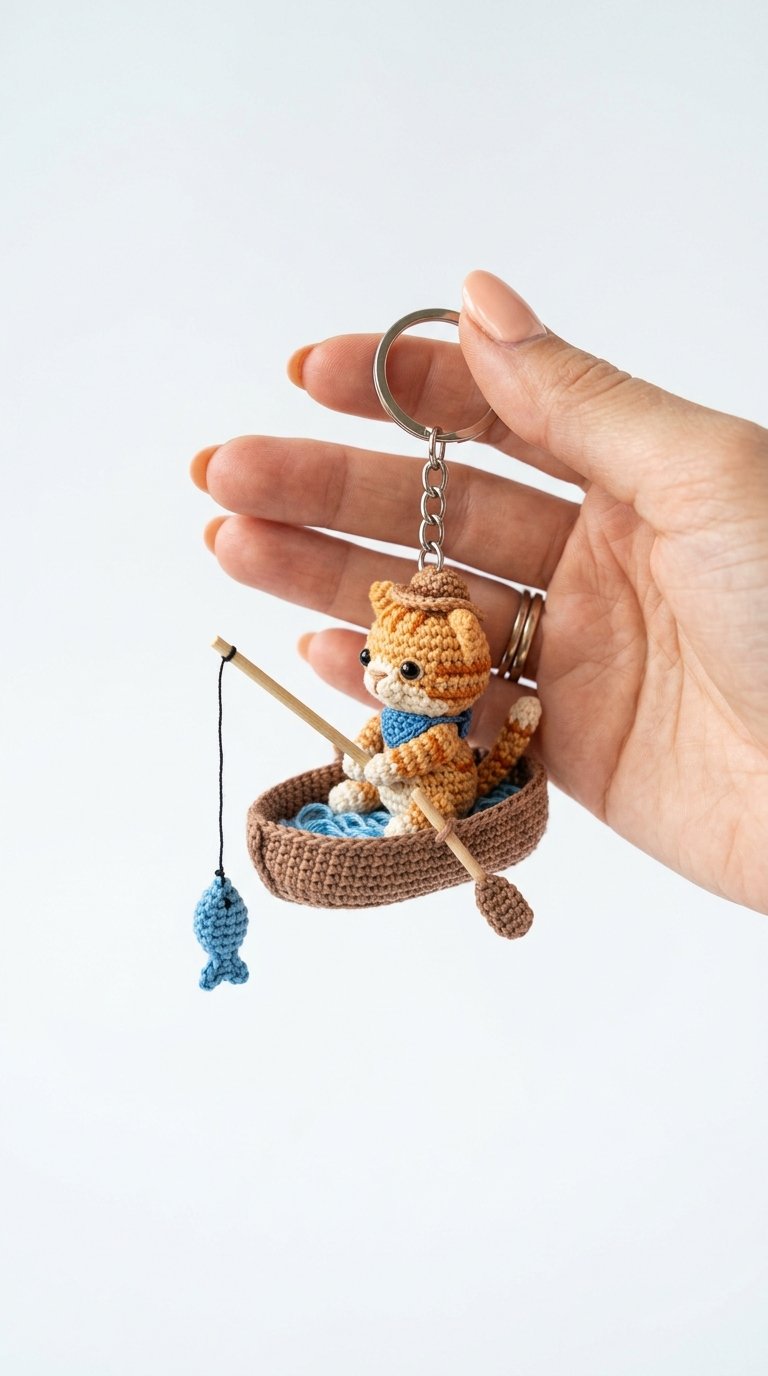 Cat Fishing Tiny Boat Keychain - Free Crochet Pattern