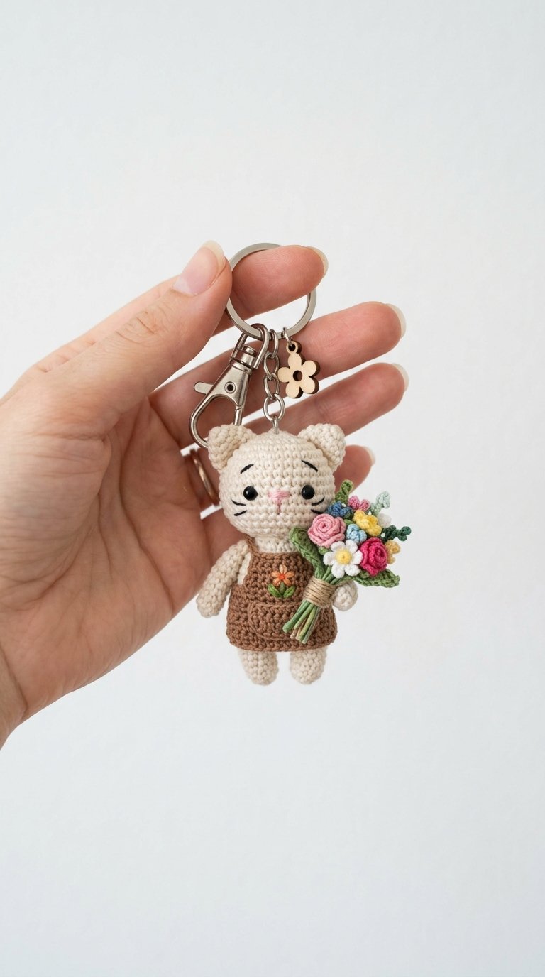 Cat Florist Crochet Keychain - Free Crochet Pattern