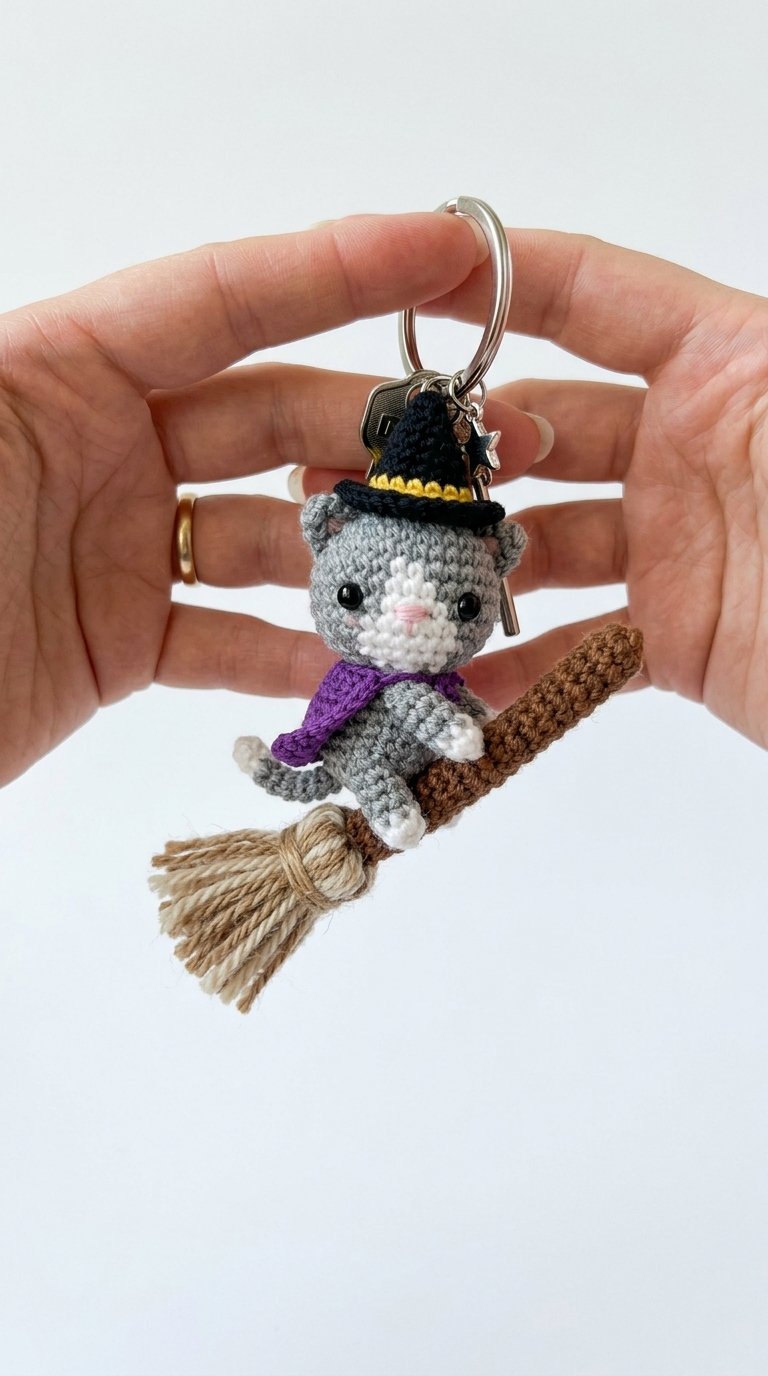 Cat Riding Broomstick Keychain - Free Crochet Pattern