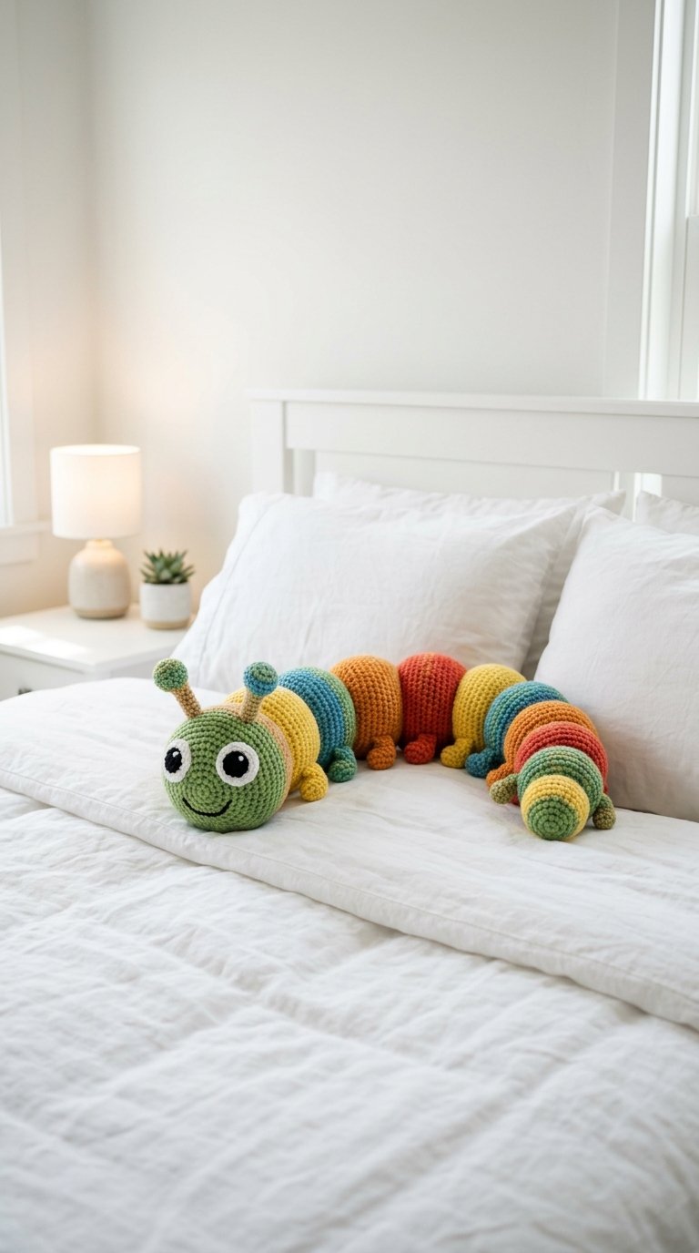 Caterpillar Crochet Pillow On Bed - Free Crochet Pattern