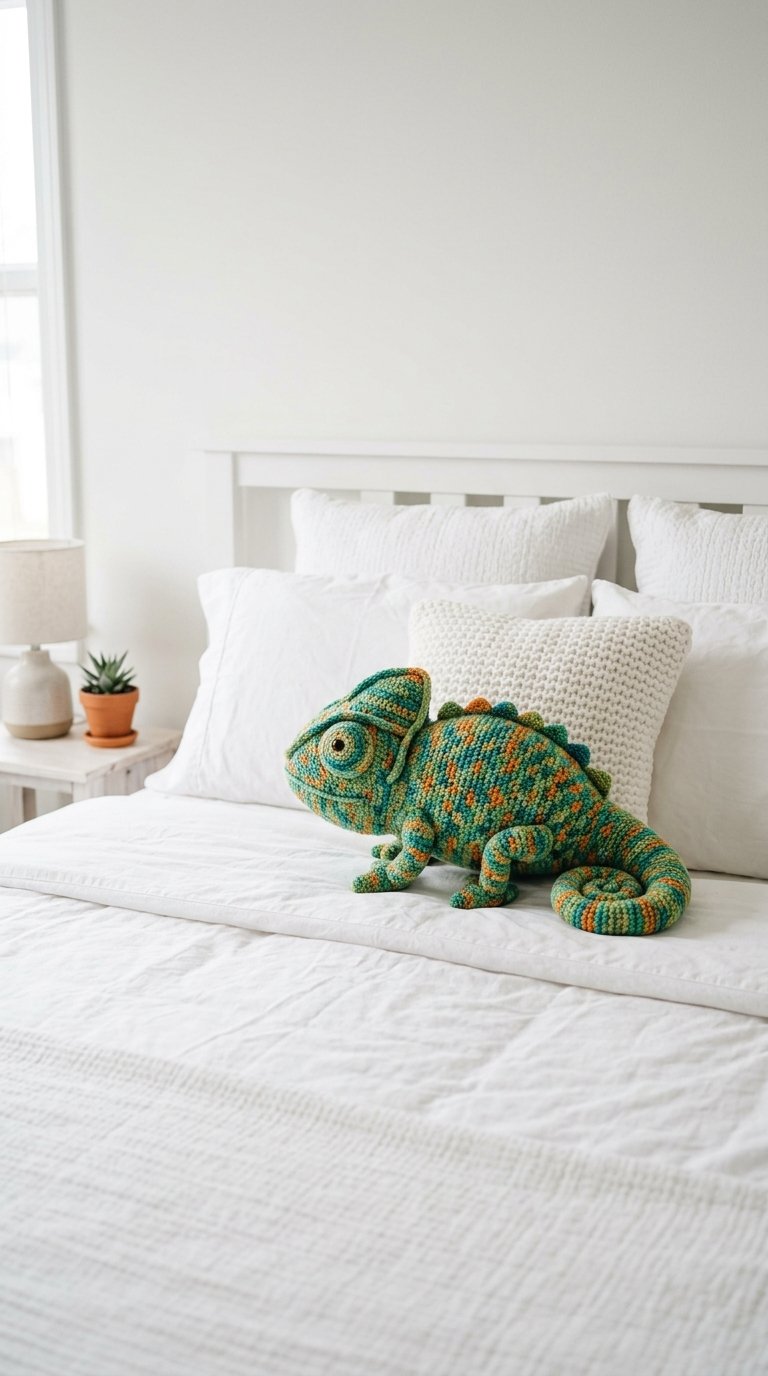 Chameleon Crochet Pillow On Bed - PDF Pattern