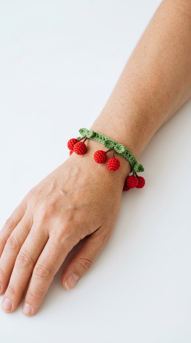 Cherry Crochet Bracelet On Wrist Crochet Guide