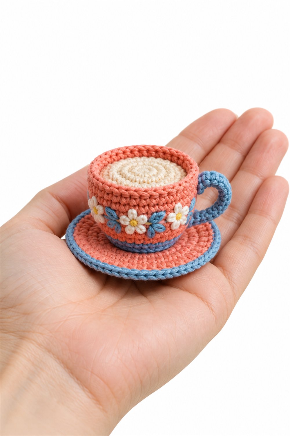Crochet Coral And Blue Cup With Saucer - Pattern