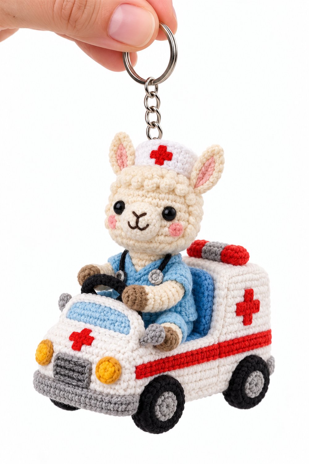 Cream Llama Nurse In Pastel Ambulance - Handmade Pattern