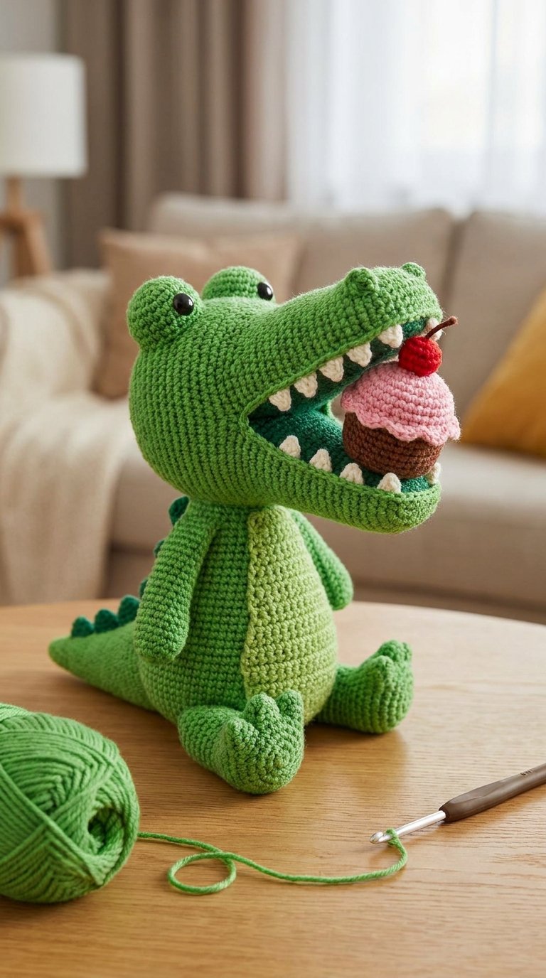 Crocodile Eating Cupcake Crochet - PDF Pattern
