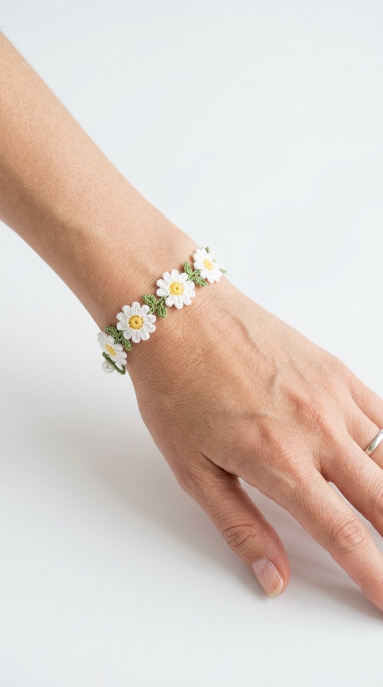 Daisy Crochet Bracelet On Wrist - Step by Step