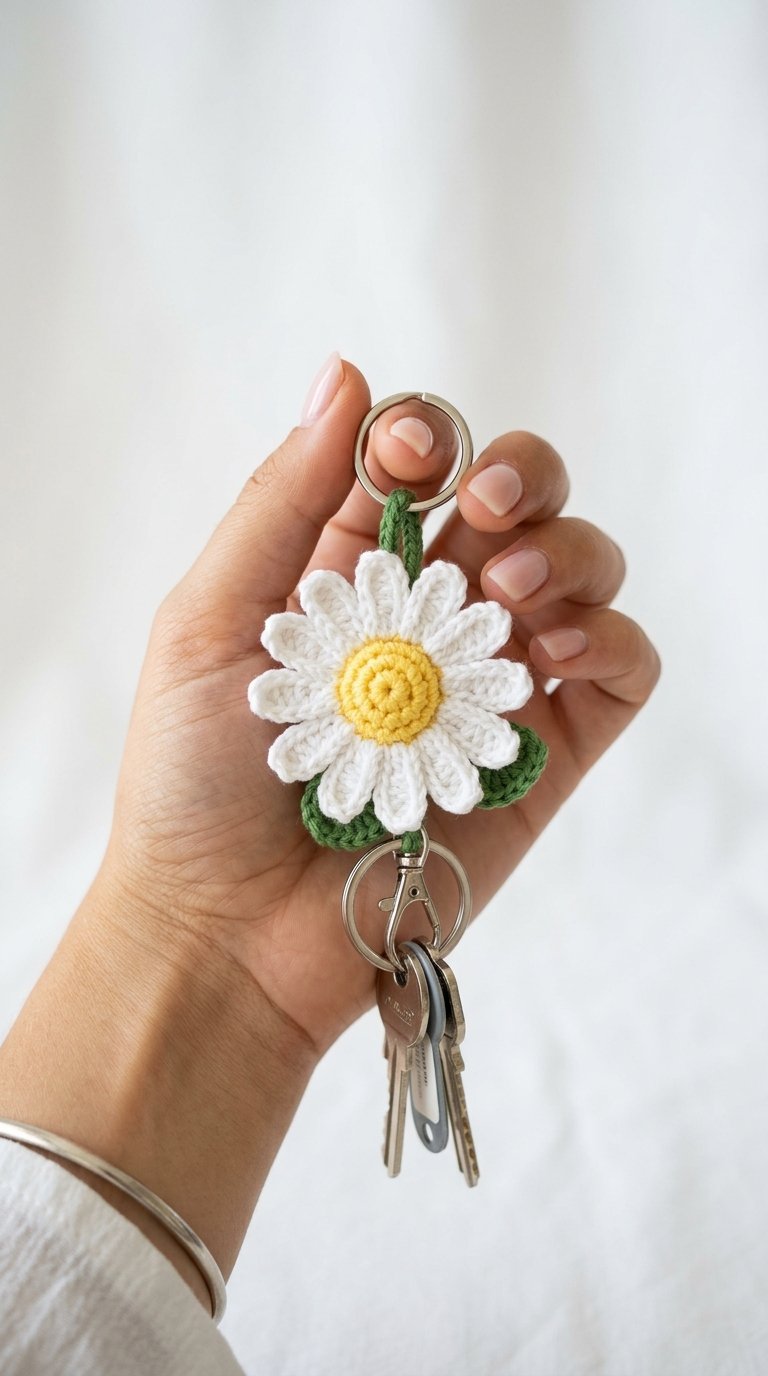 Daisy Crochet Keychain In Hand - Handmade Pattern