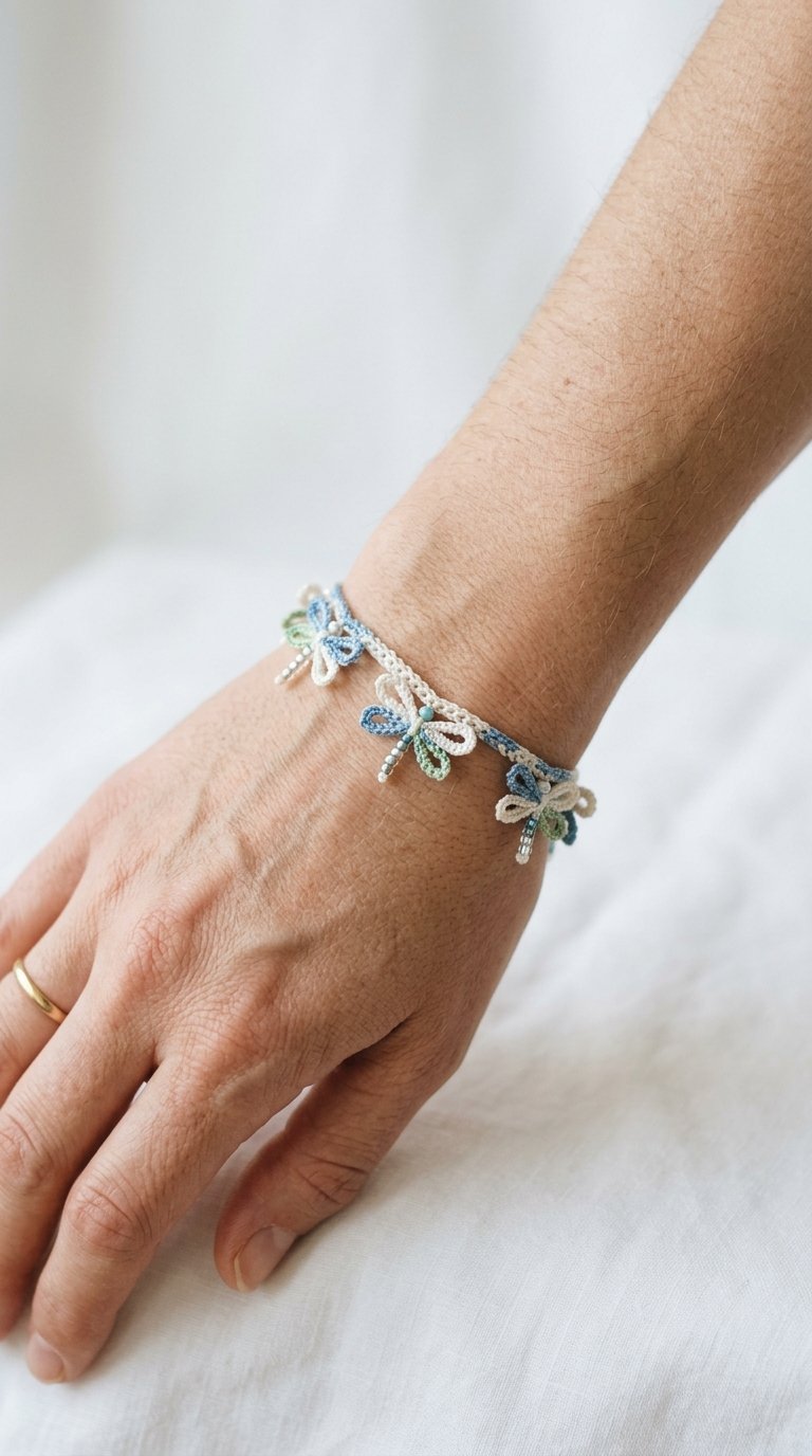 Dragonfly Crochet Bracelet On Wrist - PDF Pattern