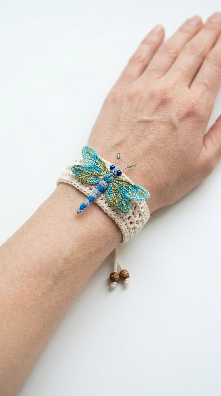 Dragonfly Crochet Bracelet On Wrist - PDF Pattern