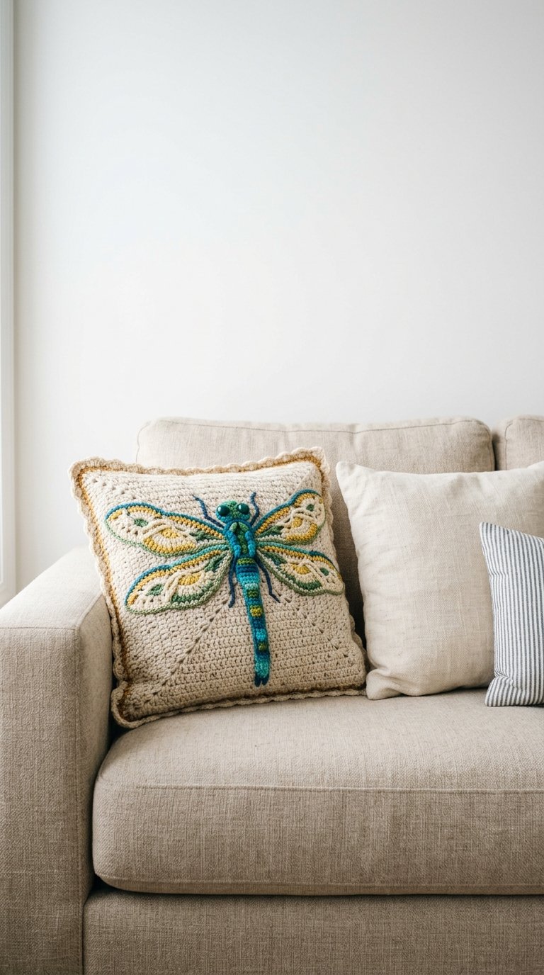 Dragonfly Crochet Pillow On Sofa - Amigurumi Pattern