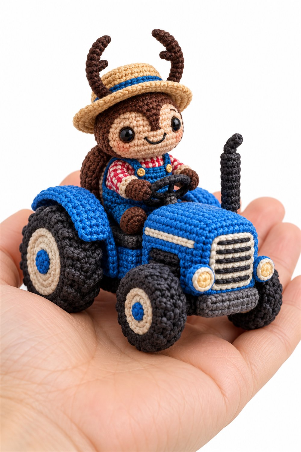 Crochet Farmer Beetle On Blue Tractor - Pattern