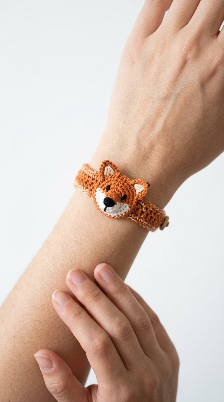 Fox Crochet Bracelet On Wrist - Handmade Pattern