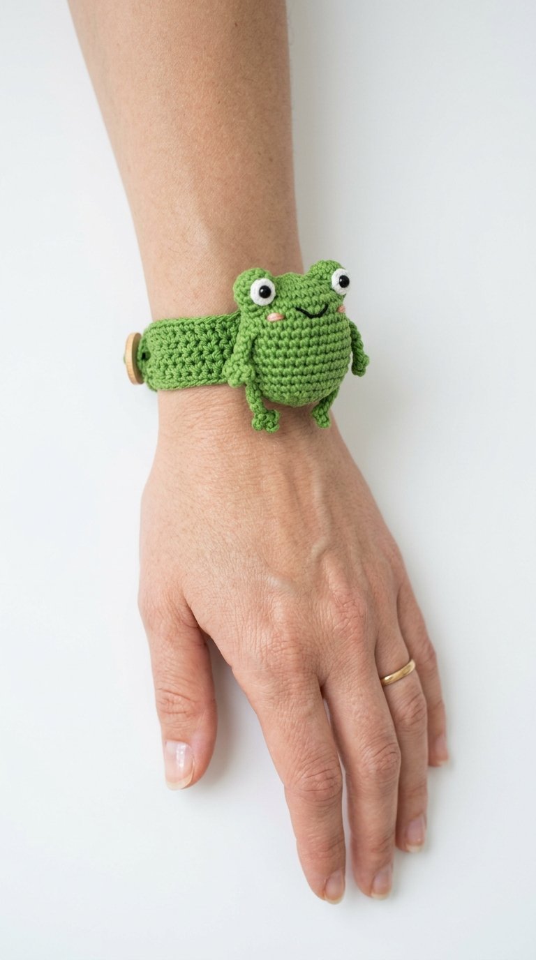 Frog Crochet Bracelet On Wrist - Handmade Pattern