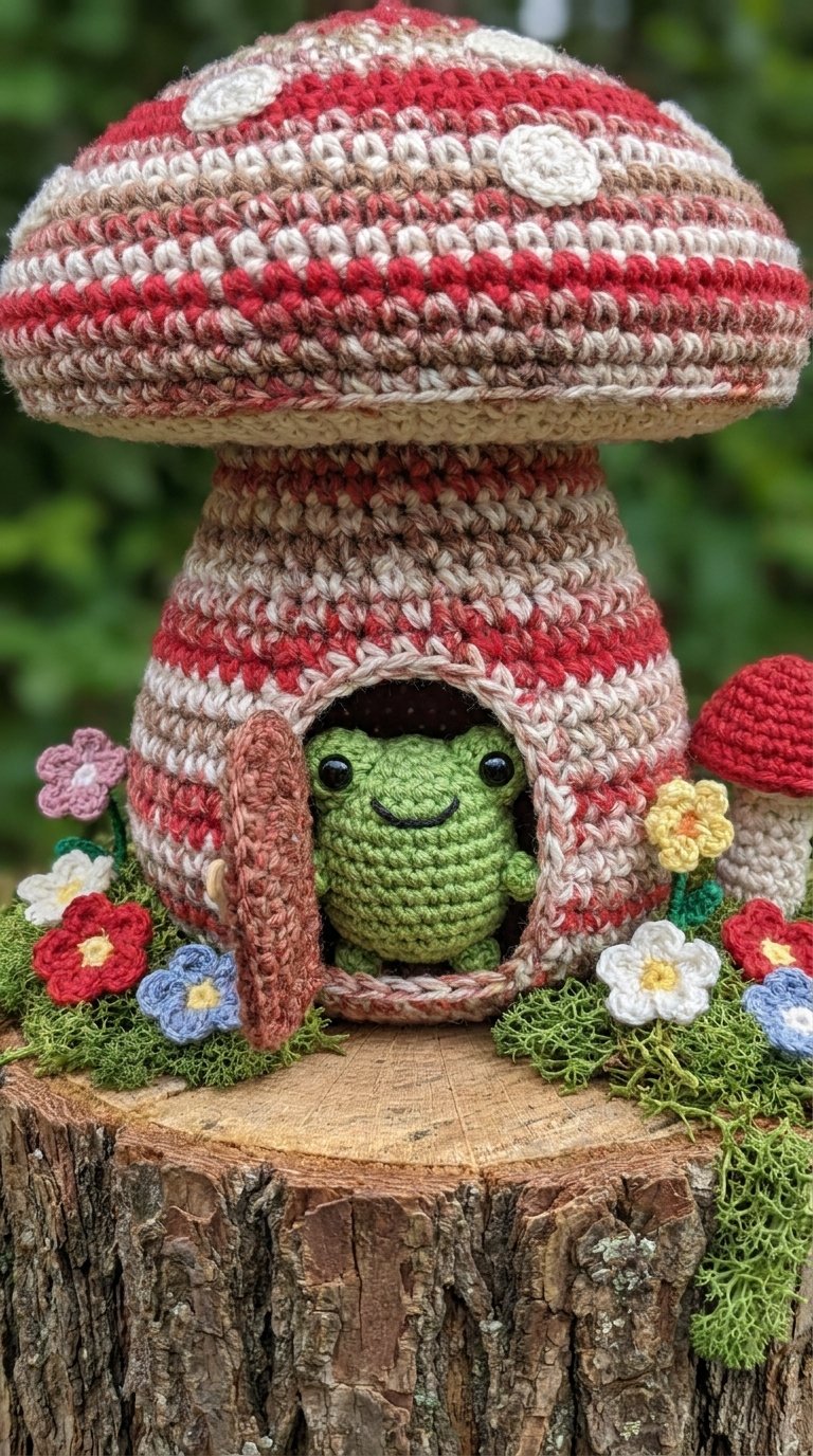 How to Crochet Frog Inside Mushroom House
