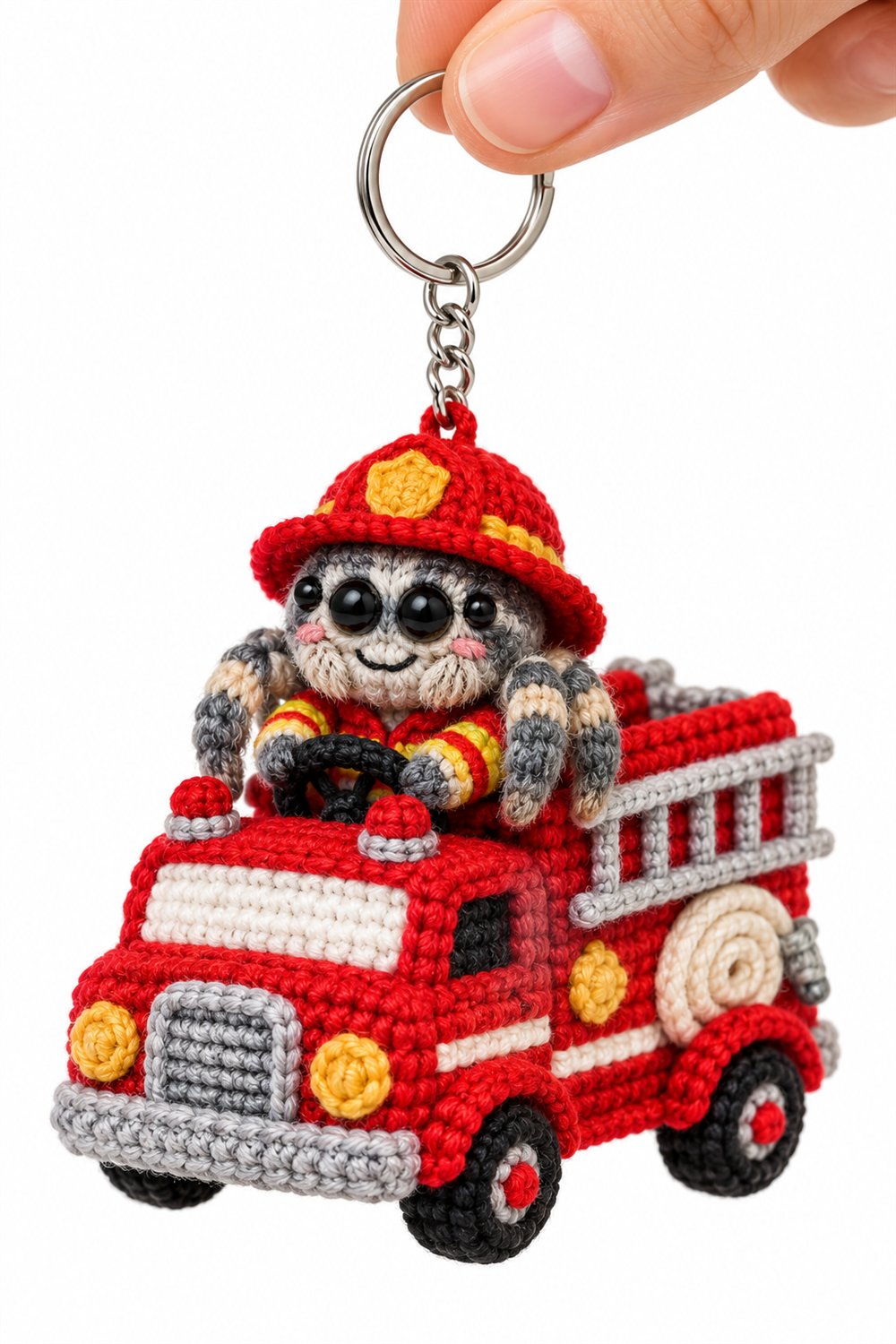 How to Crochet Gray Jumping Spider Firefighter In Red Truck
