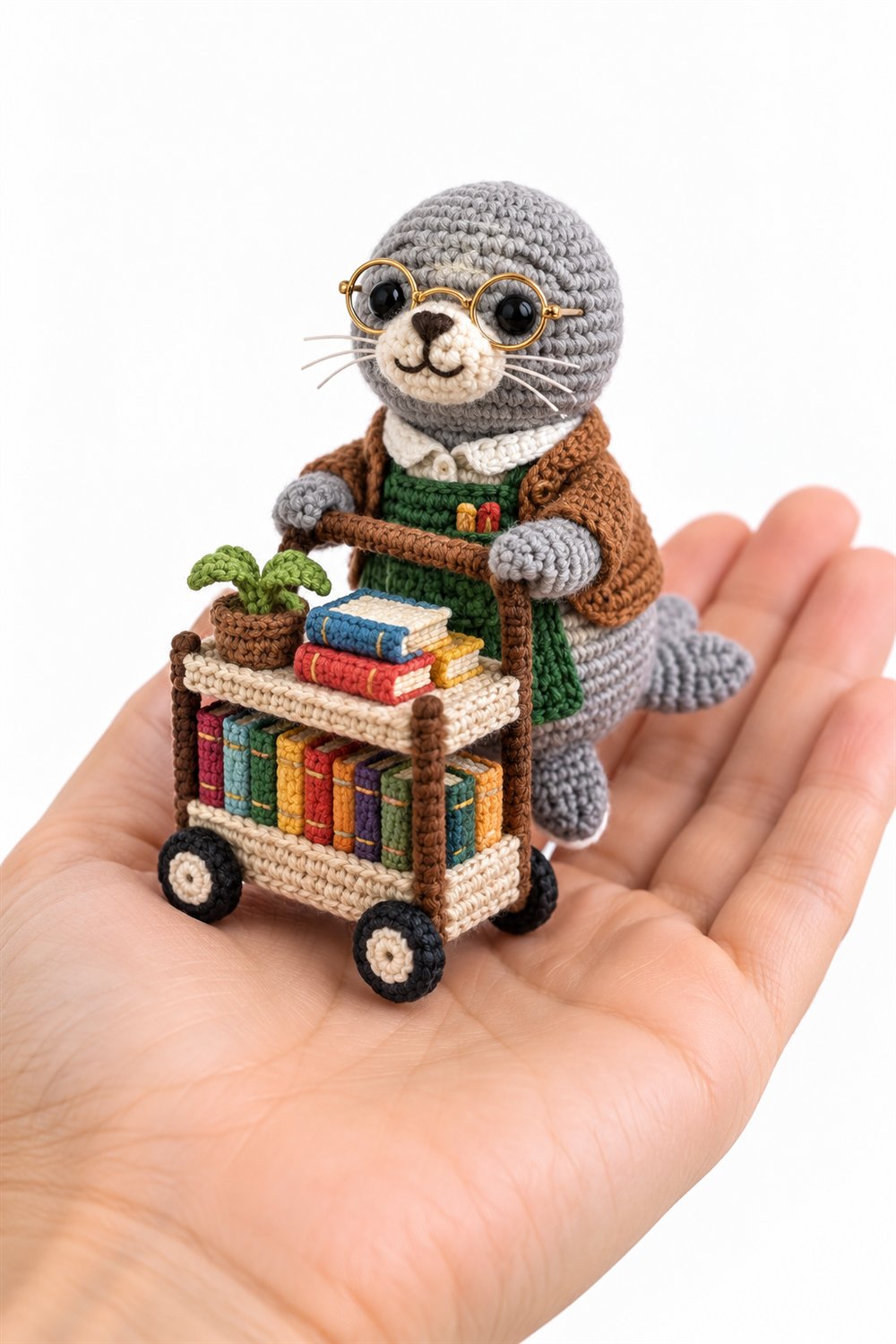 Gray Sea Lion Librarian With Book Cart - Amigurumi Pattern