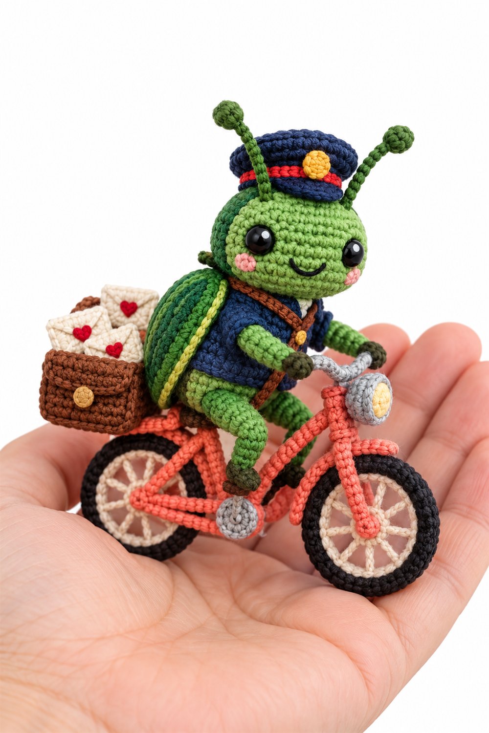 Green Beetle Mailman On Coral Bike - Easy Crochet
