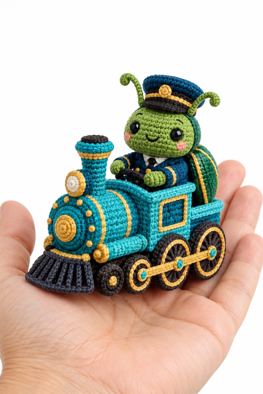 Green Scarab Train Driver On Turquoise Locomotive - Handmade Pattern