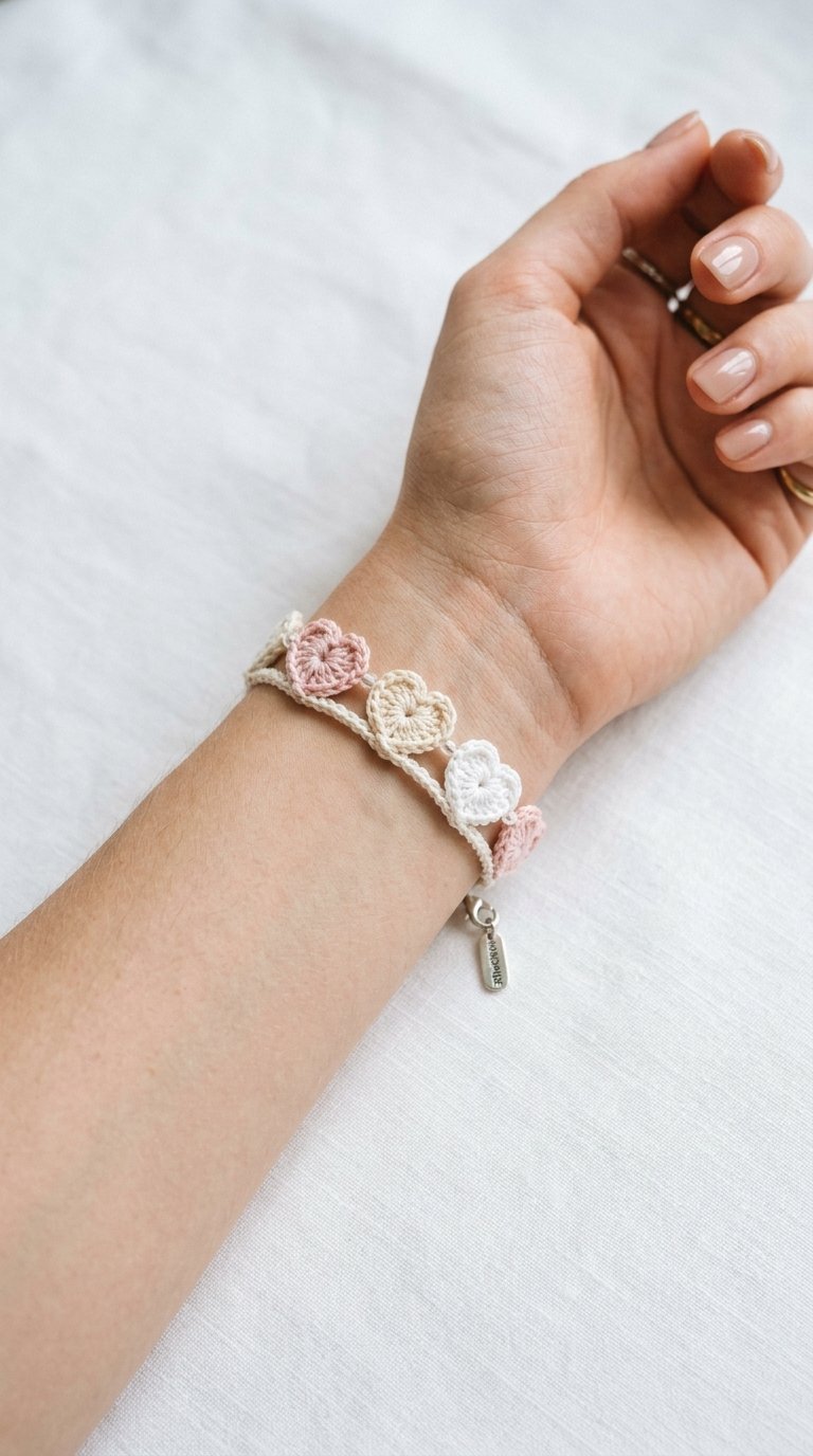 Heart Crochet Bracelet On Wrist - Step by Step