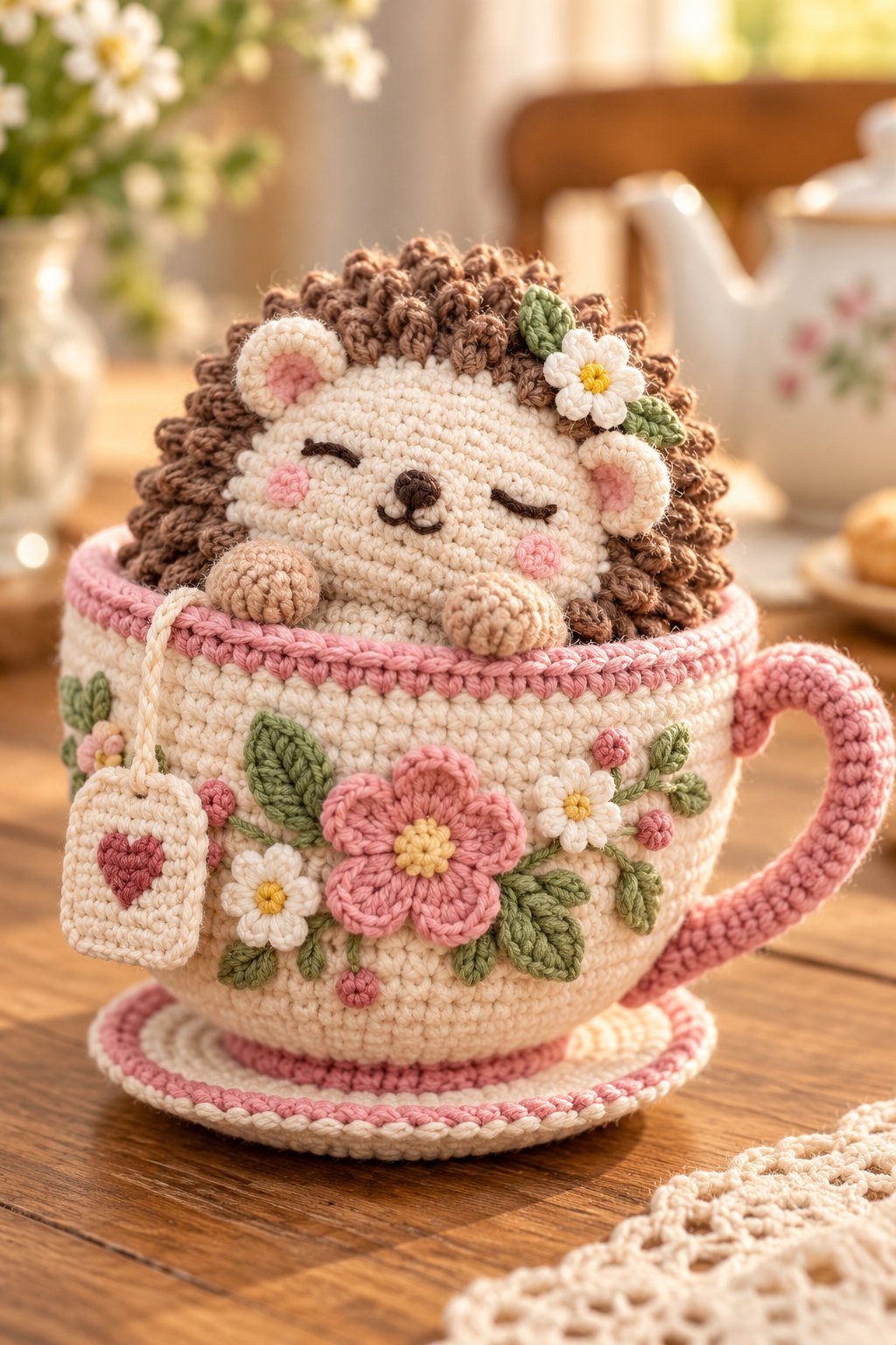 Hedgehog In Floral Cup - Crochet Pattern