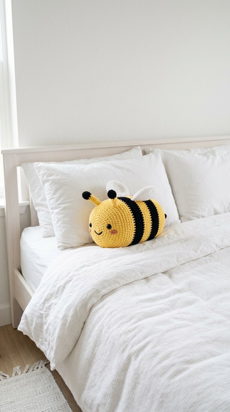 DIY Honeybee Crochet Pillow On Bed - Crochet Tutorial